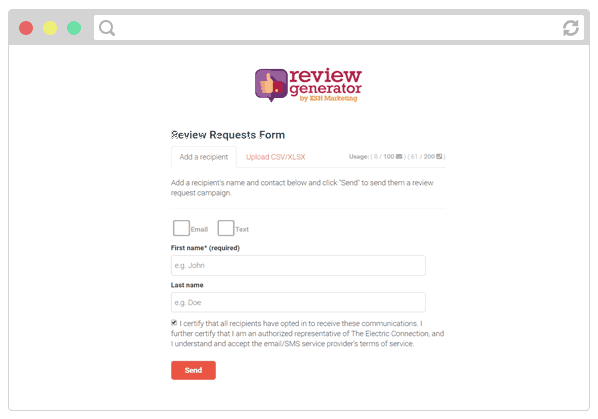 screenshot of the review request form